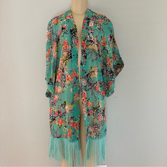 Mint Green Floral Sheer Kimono Pool Beach Cover up - Picture 3 of 6